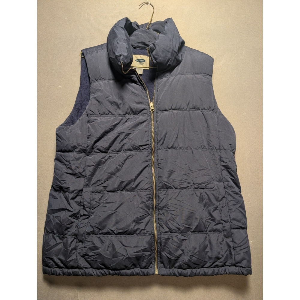 Old Navy Puffer Vest Womens Large Navy Blue Fleece Lined Down Mock Neck Full Zip
